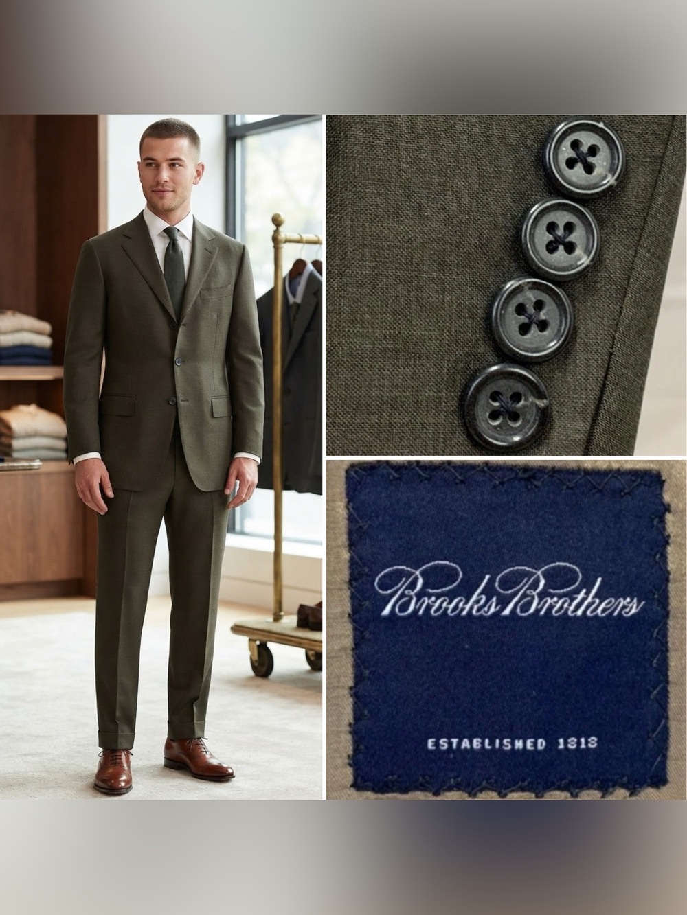 Brooks Brothers Men’s 44R X 34W Dark Taupe Wool 3-Button Slim Blazer Pant Suit